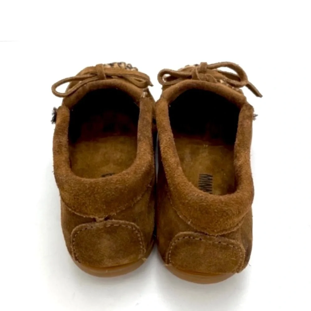 MINNETONKA Leopard Calfskin Kilty Moc Suede Moccasins Flat In Brown Size 1 Kids